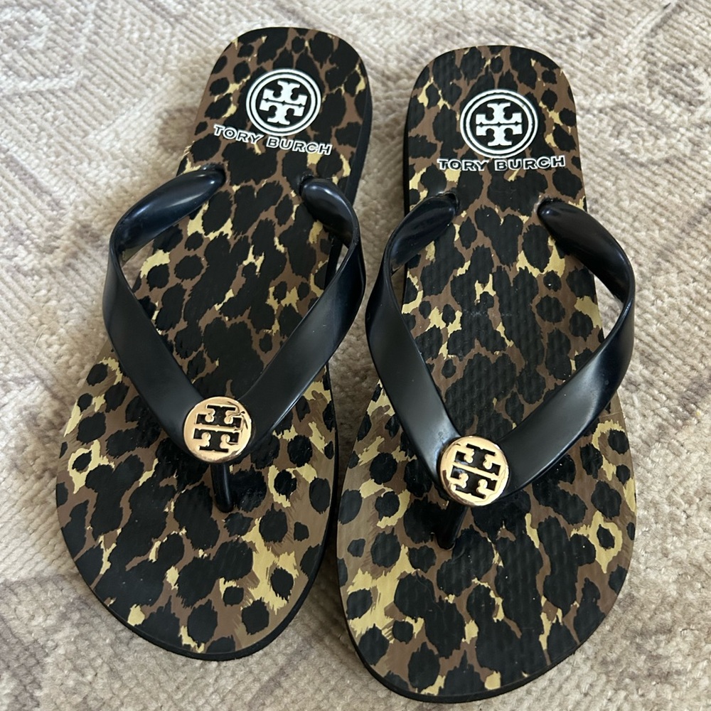 Tory Burch Black and Gold Leopard Flip Flops